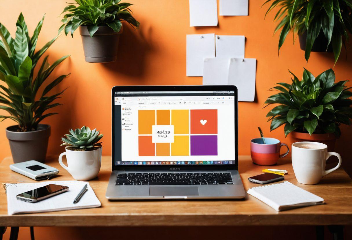 A vibrant, inviting workspace adorned with a laptop open to a colorful blog dashboard, scattered notebooks filled with ideas, and a steaming cup of coffee. The background features a cozy ambiance with warm lighting and plants, symbolizing creativity and comfort. Include floating icons representing social media, writing tools, and engagement metrics for a dynamic feel. artistic illustration. vibrant colors. warm tones. cozy atmosphere.