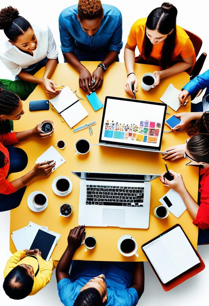 A vibrant community gathering around a laptop, showcasing diverse individuals sharing ideas and creatively engaging with each other. Elements like notebooks, coffee cups, and digital devices scattered around symbolize collaboration and inspiration. A warm, inviting atmosphere with bright colors reflects enthusiasm and unity. super-realistic. vibrant colors. white background.