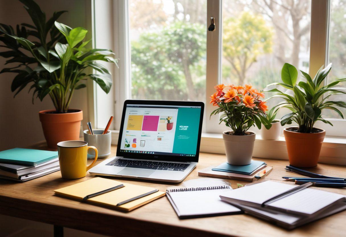 An inviting workspace featuring a laptop open to a blogger's dashboard, surrounded by colorful notepads and pens, a steaming cup of coffee, and a vibrant potted plant. A soft light filters through a nearby window, reflecting a creative and cozy atmosphere. Illustrate a balance of technology and nature to inspire novice bloggers. super-realistic. warm tones. inviting ambiance.